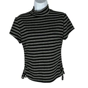 Rue21 Black & White Striped Mock Neck Short Sleeve Ribbed Top With Side Ties L